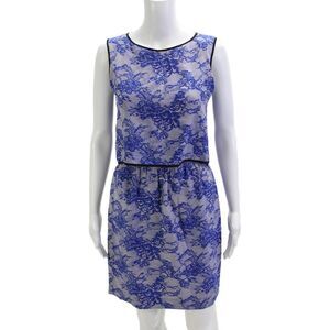 Cut 25 Women Shift Dress Sleeveless Blue Floral Silk Knee Length Size 2